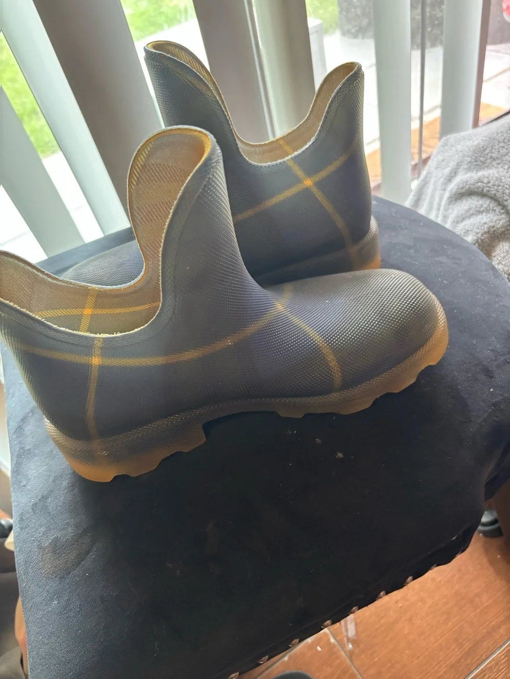 Burberry Waterproof Slip-On Rain Clogs in Navy with Yellow Trim